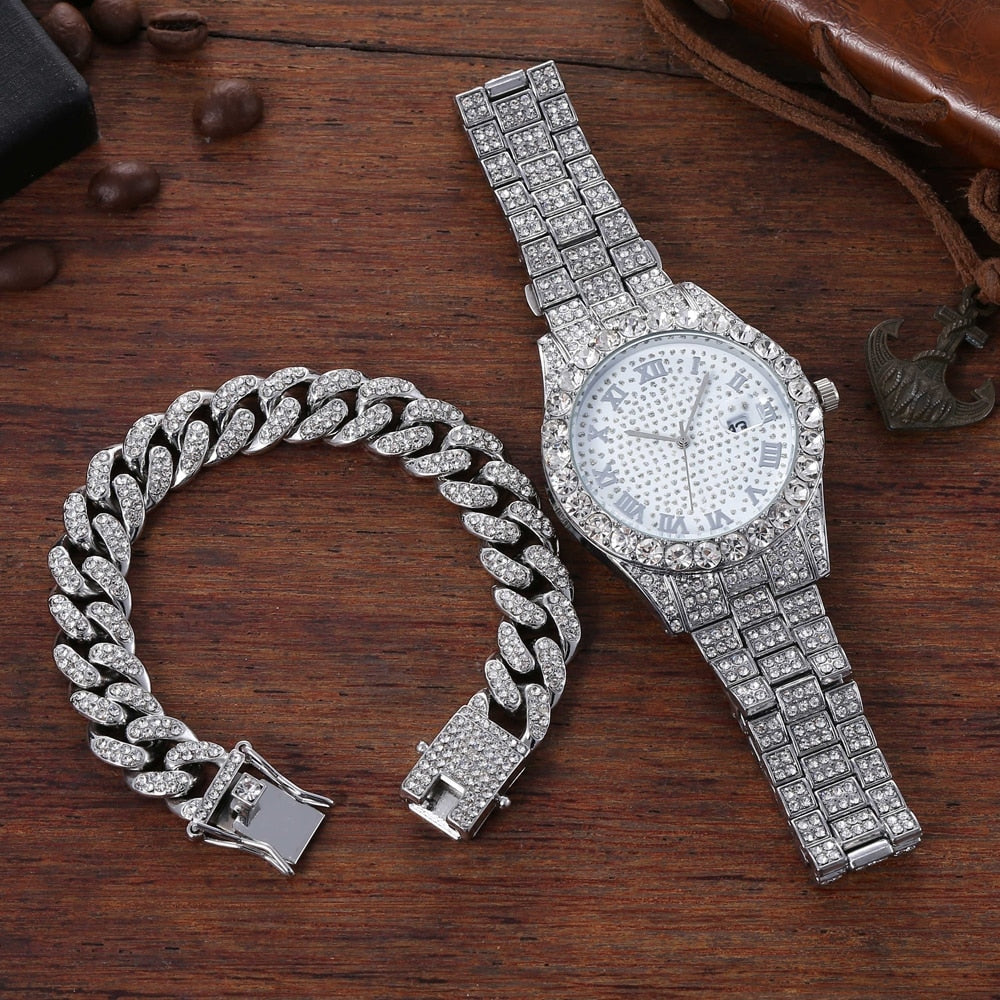 Relógio Masculino e Pulseira Cravejada - Kit de Luxo