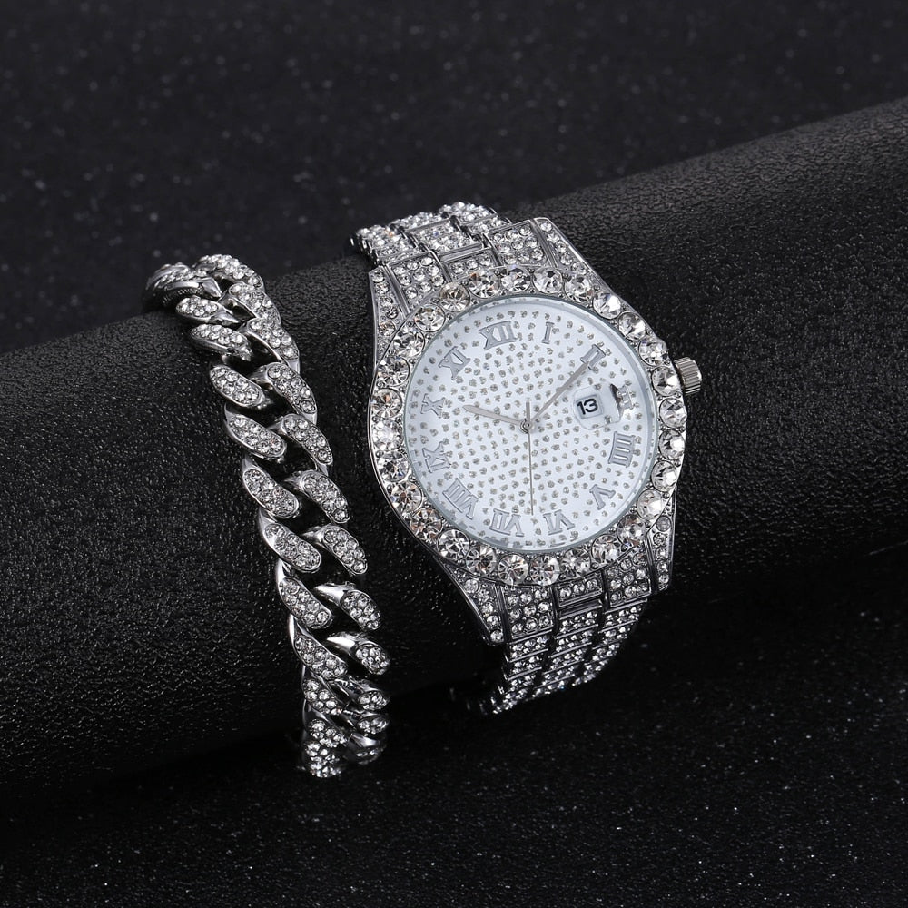 Relógio Masculino e Pulseira Cravejada - Kit de Luxo