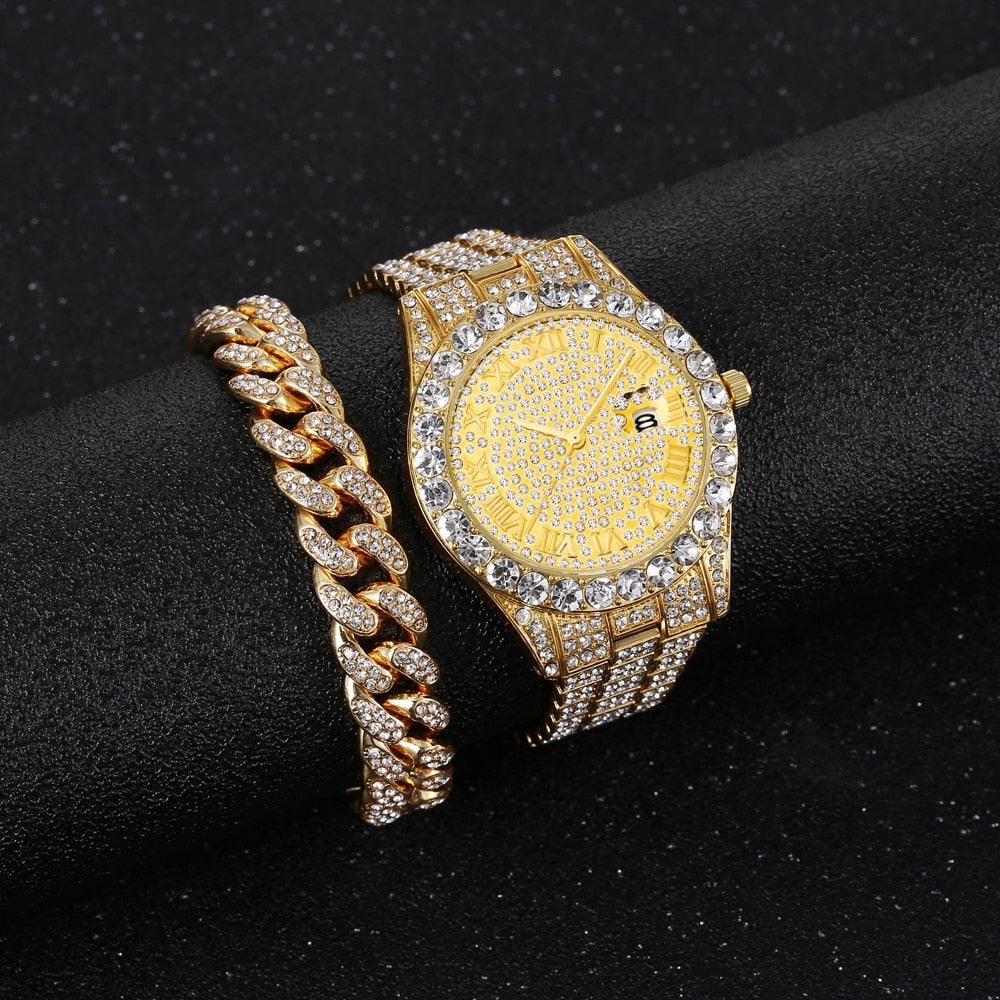 Relógio Masculino e Pulseira Cravejada - Kit de Luxo